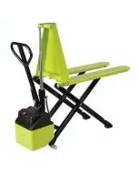 Green electric high-lift pallet truck with scissor lift mechanism, ergonomic black handle, and sturdy steel forks for efficient lifting and transportation of pallets in warehouses and industrial settings.