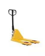 Printer’s pallet truck with a narrow fork design, ideal for handling small pallets and skids. Heavy-duty yellow frame with black ergonomic handle and durable nylon wheels for smooth manoeuvrability in warehouse and printing environments.