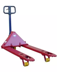 Heavy-duty red and blue pallet truck with reinforced steel frame and durable polyurethane wheels, designed for lifting and transporting pallets efficiently in warehouses and industrial settings.