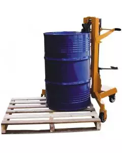 DRUM PALLET LOADER WITH BARREL LIFTED ONTO A PALLET