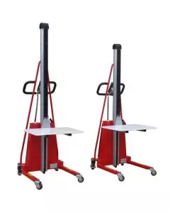 Two electric light lifters with adjustable lifting platforms, red metal frame, and ergonomic handles for easy mobility and vertical lifting.