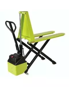 Green electric high-lift pallet truck with scissor lift mechanism, ergonomic black handle, and sturdy steel forks for efficient lifting and transportation of pallets in warehouses and industrial settings.