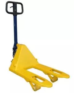 Short pallet truck with yellow steel frame and black ergonomic handle, designed for manoeuvring in tight warehouse spaces. Fitted with durable nylon wheels for smooth transportation of pallets and heavy loads.